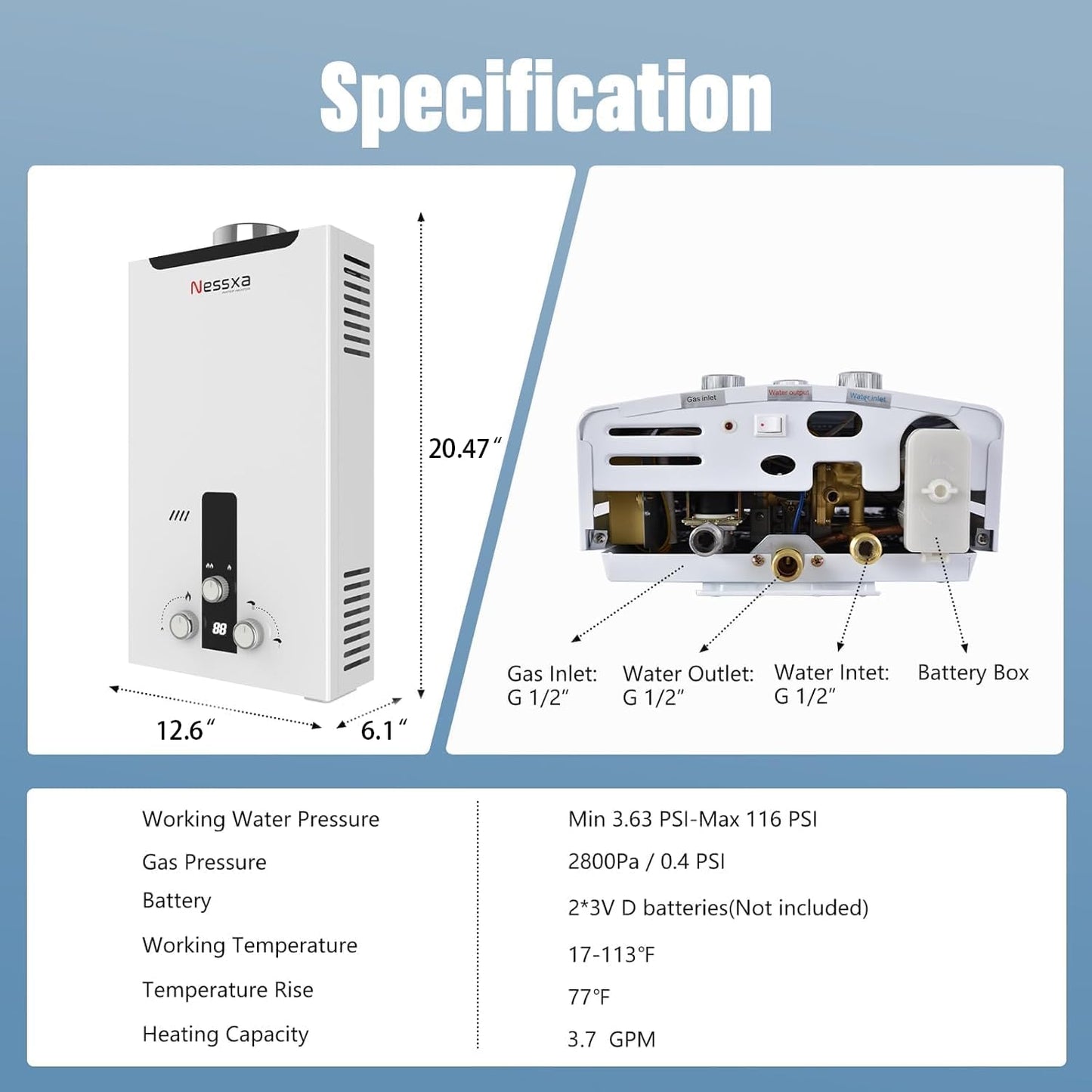 Tankless Water Heater Propane with Digital Display, 3.66 GPM 14L Portable Instant Hot Gas Water Heater with Overheating Protection for Indoor and Camping,85300 BTU