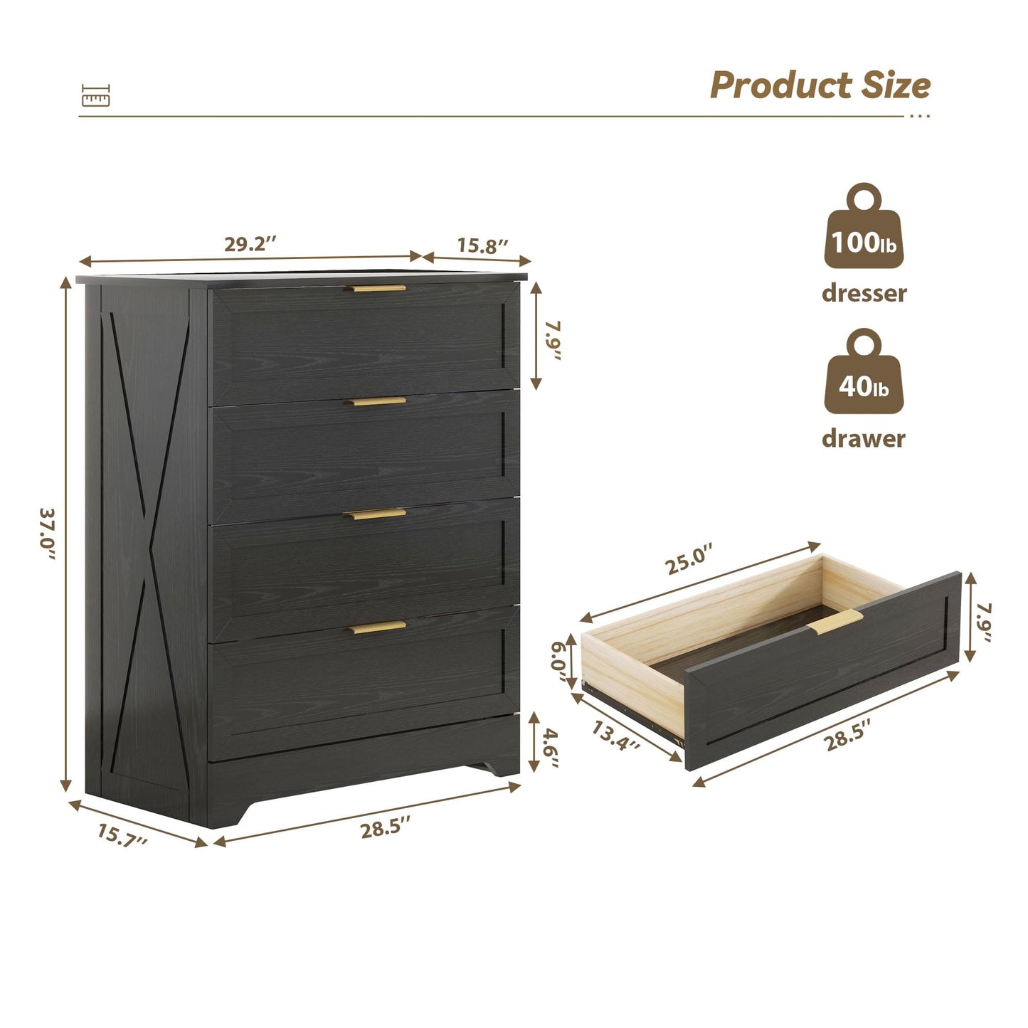 FTZxHKLX 4 Drawer Dresser for Bedroom, Tall Bedroom Dresser with Large Drawer & Black Handles, Wooden Storage Organizer Cabinet Chest of Drawer for Closet, Living Room, Hallway, Light Oak