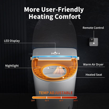 Smart Toilet with Bidet Built in, Tank Built in with Powerful Flush, Heated Seat, Auto Flush and Close, Warm Water, Air Dryer, Night Light and ADA Comfort Height for Bathroom