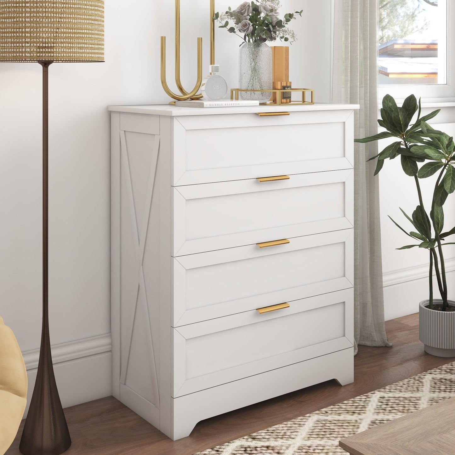 FTZxHKLX 4 Drawer Dresser for Bedroom, Tall Bedroom Dresser with Large Drawer & Black Handles, Wooden Storage Organizer Cabinet Chest of Drawer for Closet, Living Room, Hallway, Light Oak
