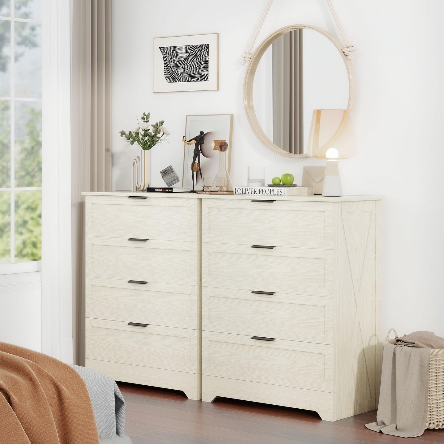 FTZxHKLX 4 Drawer Dresser for Bedroom, Tall Bedroom Dresser with Large Drawer & Black Handles, Wooden Storage Organizer Cabinet Chest of Drawer for Closet, Living Room, Hallway, Light Oak