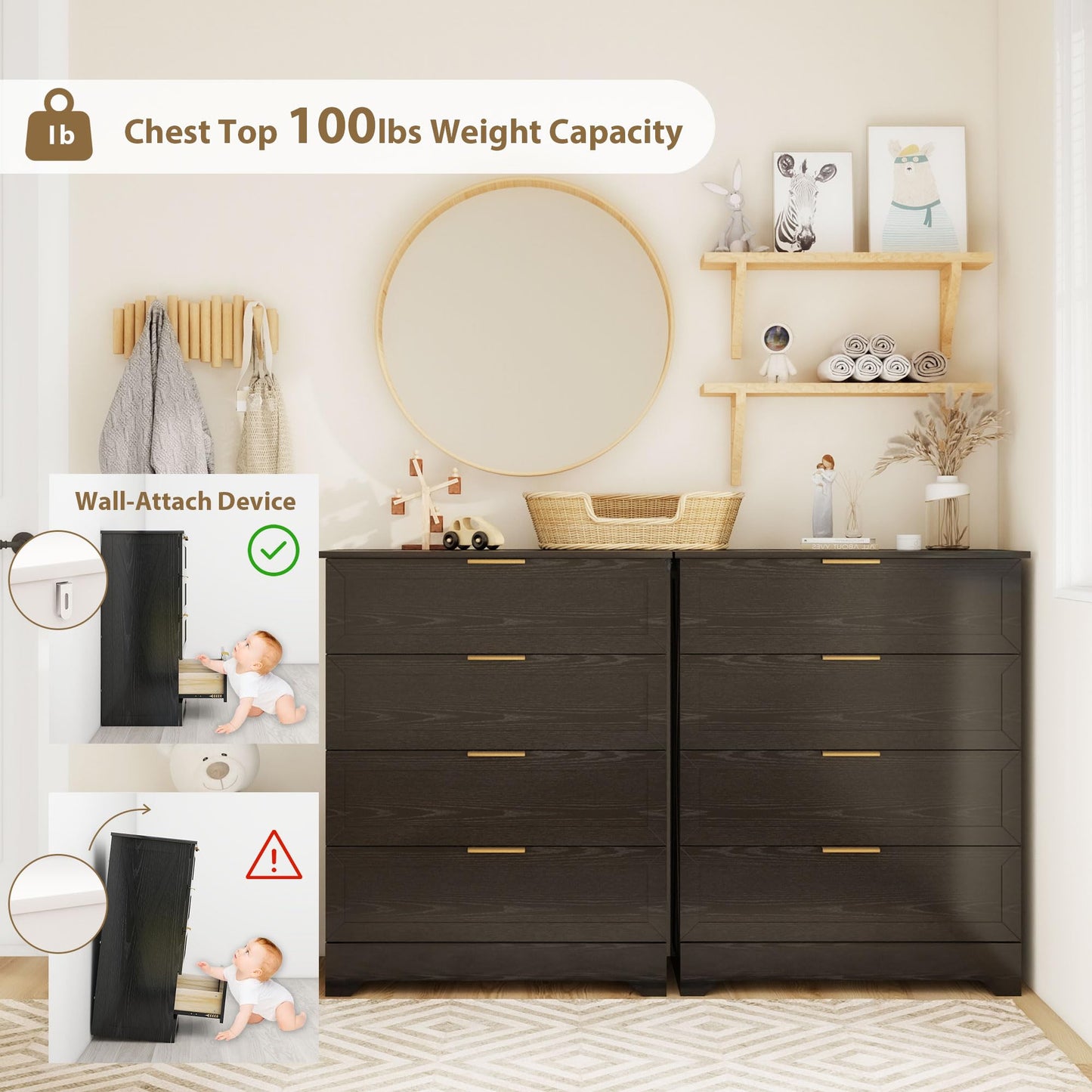 FTZxHKLX 4 Drawer Dresser for Bedroom, Tall Bedroom Dresser with Large Drawer & Black Handles, Wooden Storage Organizer Cabinet Chest of Drawer for Closet, Living Room, Hallway, Light Oak