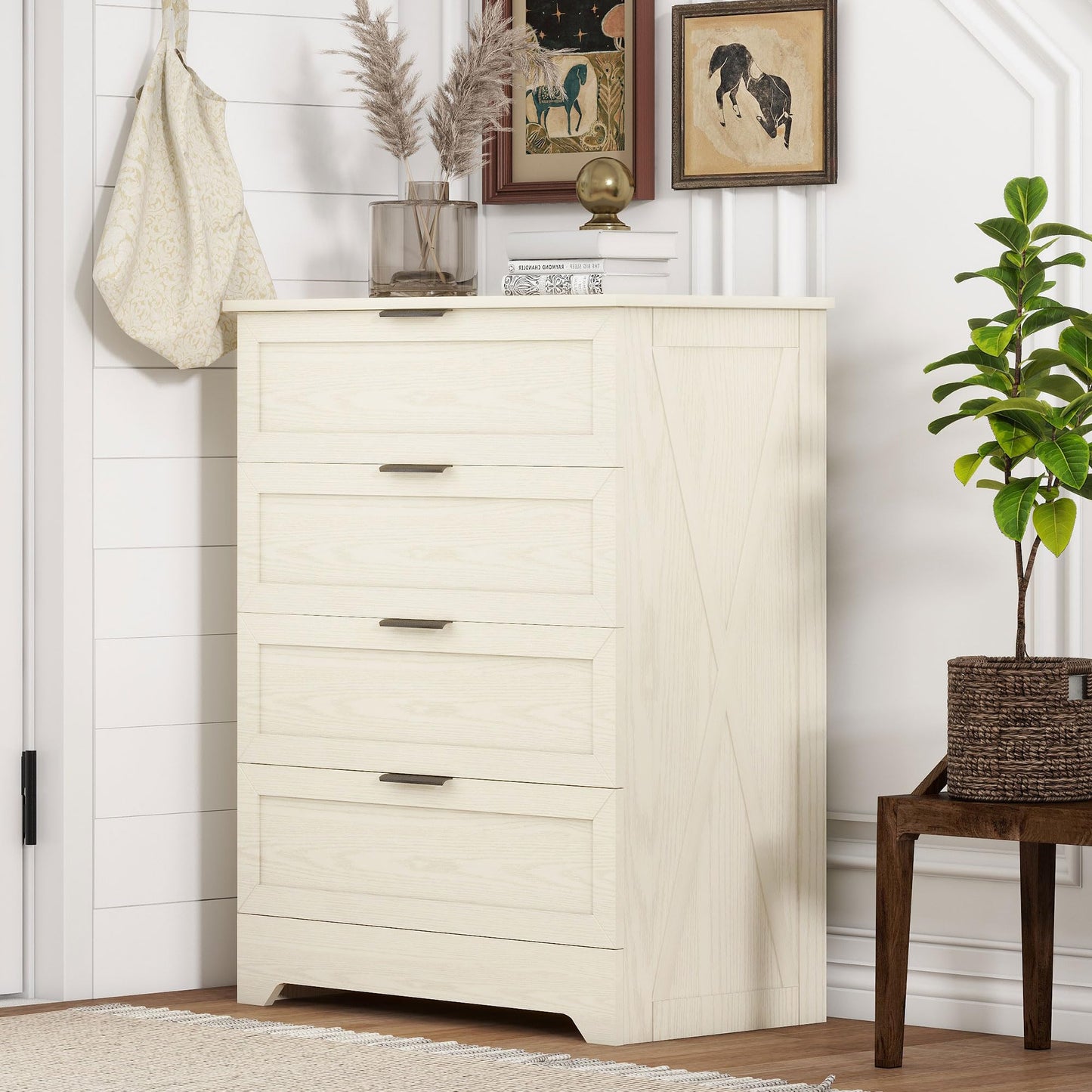 FTZxHKLX 4 Drawer Dresser for Bedroom, Tall Bedroom Dresser with Large Drawer & Black Handles, Wooden Storage Organizer Cabinet Chest of Drawer for Closet, Living Room, Hallway, Light Oak