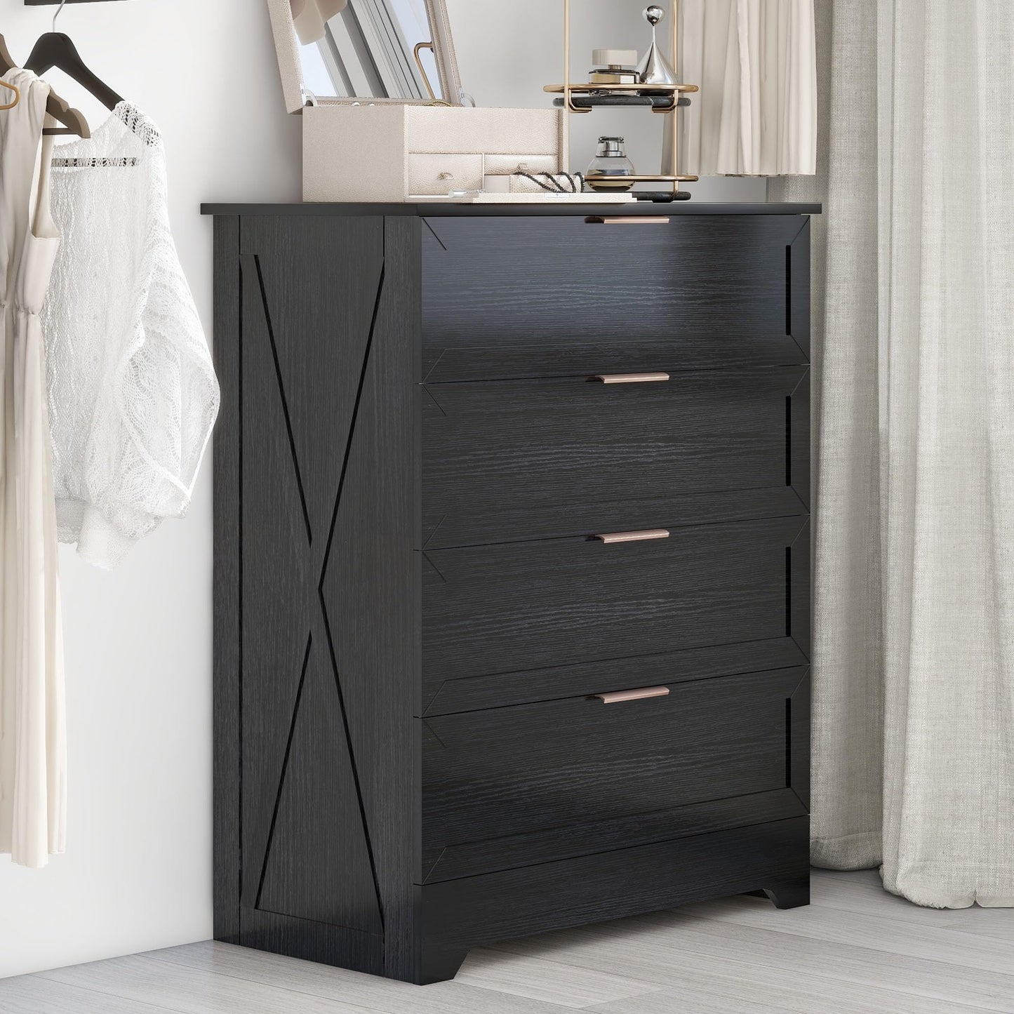 FTZxHKLX 4 Drawer Dresser for Bedroom, Tall Bedroom Dresser with Large Drawer & Black Handles, Wooden Storage Organizer Cabinet Chest of Drawer for Closet, Living Room, Hallway, Light Oak