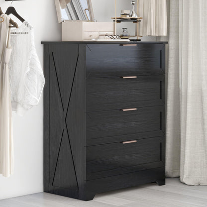 FTZxHKLX 4 Drawer Dresser for Bedroom, Tall Bedroom Dresser with Large Drawer & Black Handles, Wooden Storage Organizer Cabinet Chest of Drawer for Closet, Living Room, Hallway, Light Oak
