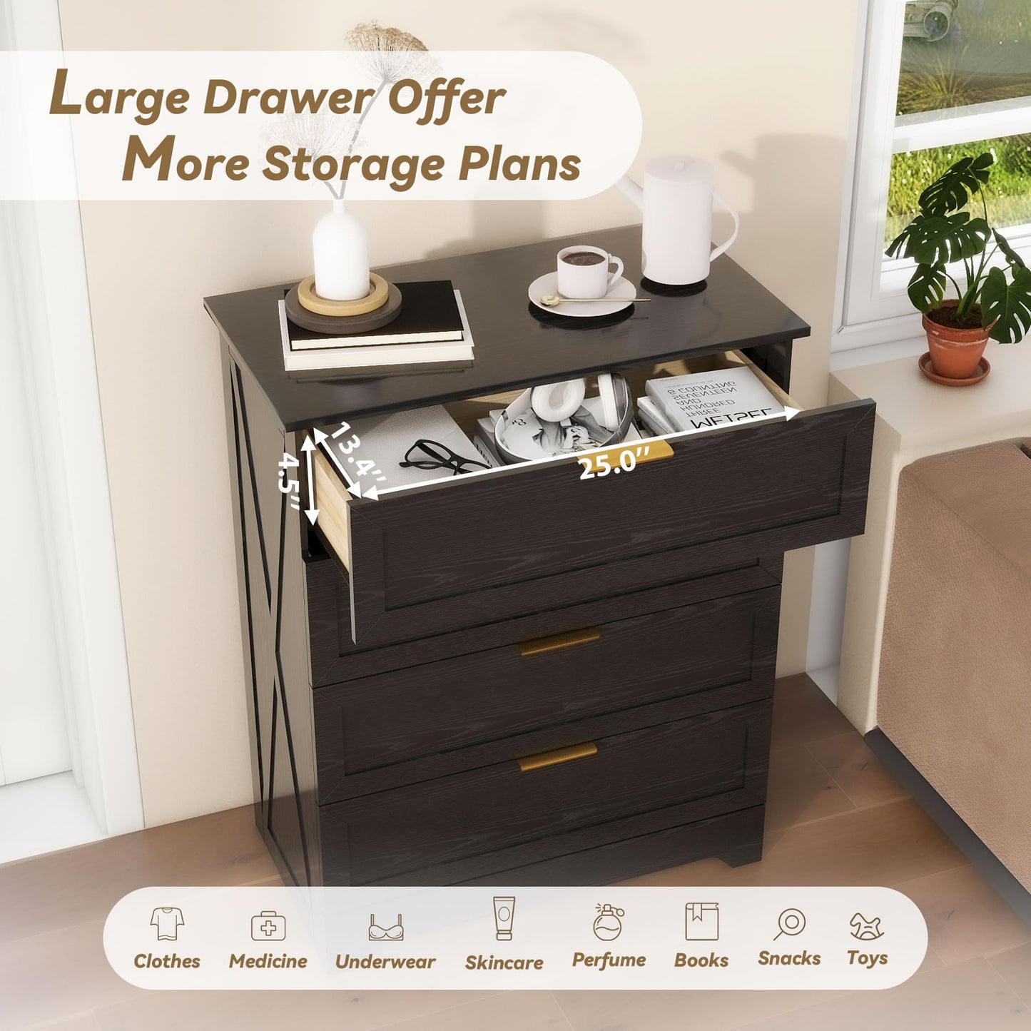 FTZxHKLX 4 Drawer Dresser for Bedroom, Tall Bedroom Dresser with Large Drawer & Black Handles, Wooden Storage Organizer Cabinet Chest of Drawer for Closet, Living Room, Hallway, Light Oak