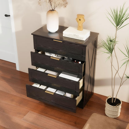 FTZxHKLX 4 Drawer Dresser for Bedroom, Tall Bedroom Dresser with Large Drawer & Black Handles, Wooden Storage Organizer Cabinet Chest of Drawer for Closet, Living Room, Hallway, Light Oak