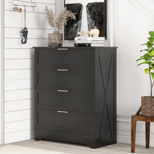 FTZxHKLX 4 Drawer Dresser for Bedroom, Tall Bedroom Dresser with Large Drawer & Black Handles, Wooden Storage Organizer Cabinet Chest of Drawer for Closet, Living Room, Hallway, Light Oak